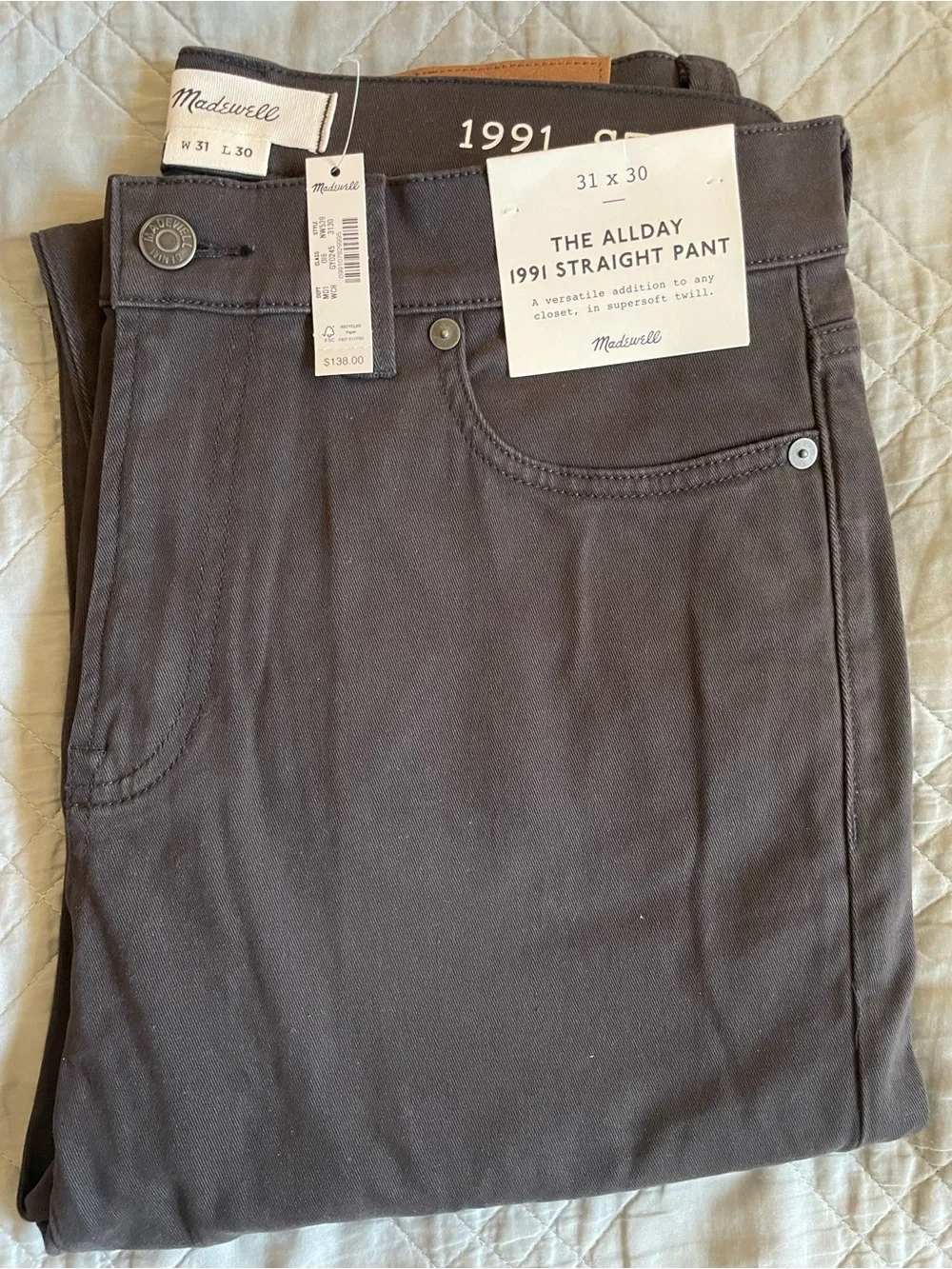 Madewell The Allday 1991 Straight-Leg Pant in Warm Charcoal SZ 31 New $138 NW539
